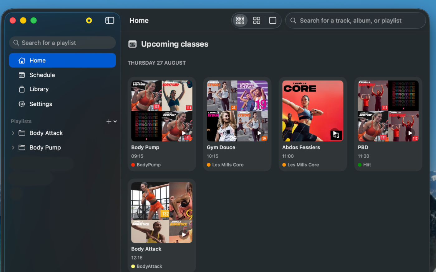 GroupFitPro on macOS showing upcoming classes
