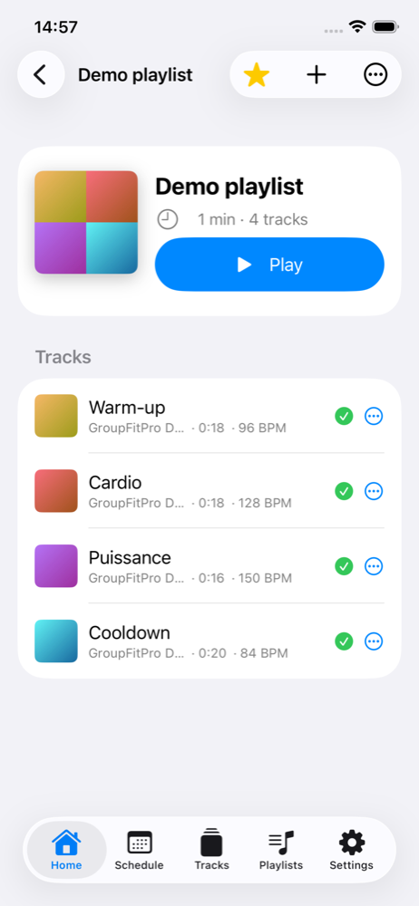 Playlist detail with per-track BPM in GroupFitPro