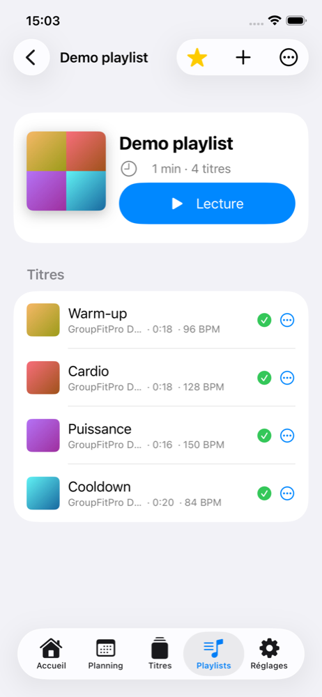 Détail d'une playlist avec le BPM de chaque titre dans GroupFitPro